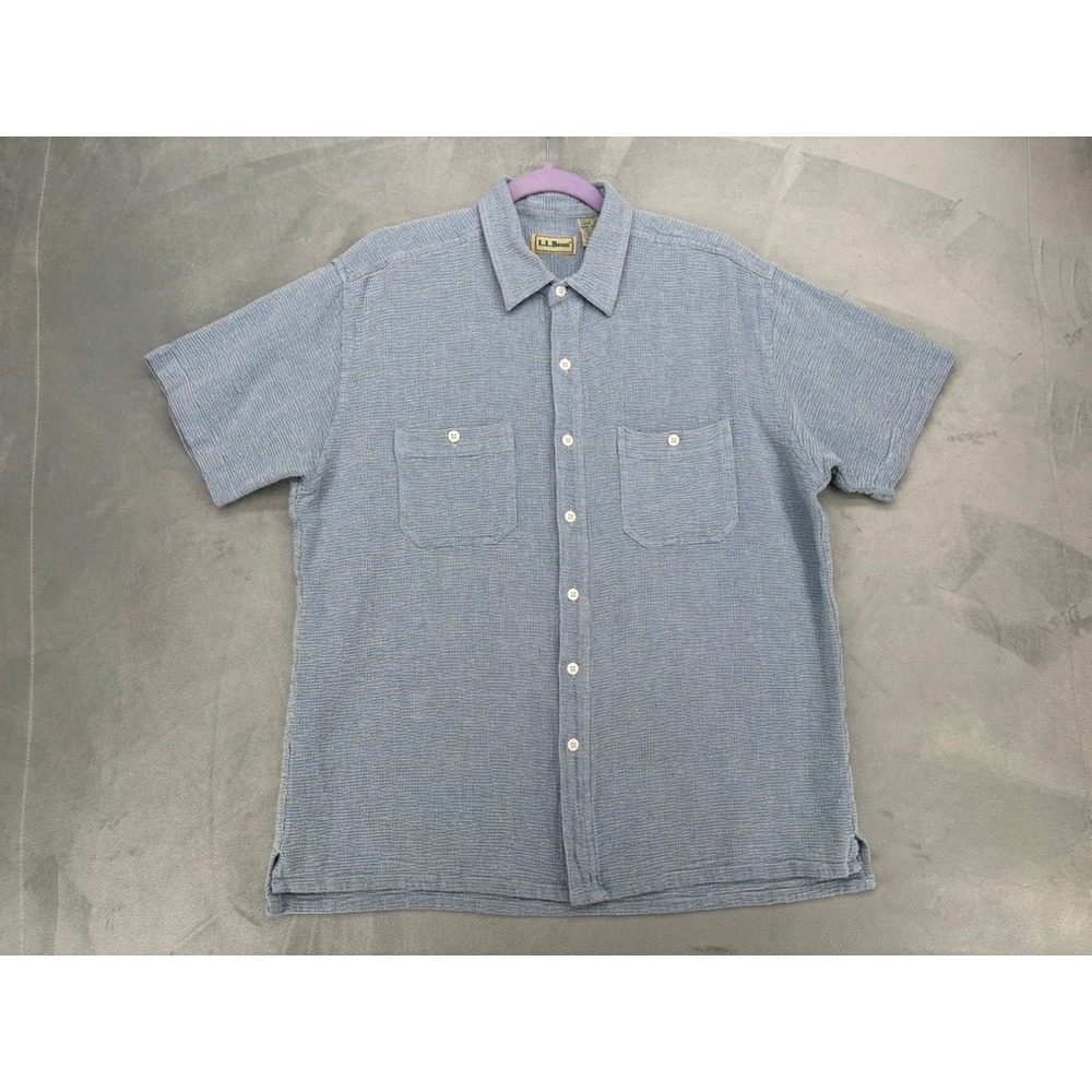 Vintage L.L. Bean Button Down Shirt Mens L Blue Textured Made in Hong Kong